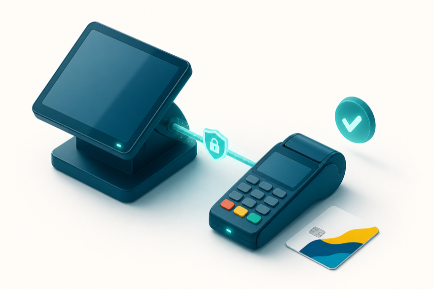 Illustratie van een kassa-POS gekoppeld aan een CCV-betaalterminal met veilige verbinding
