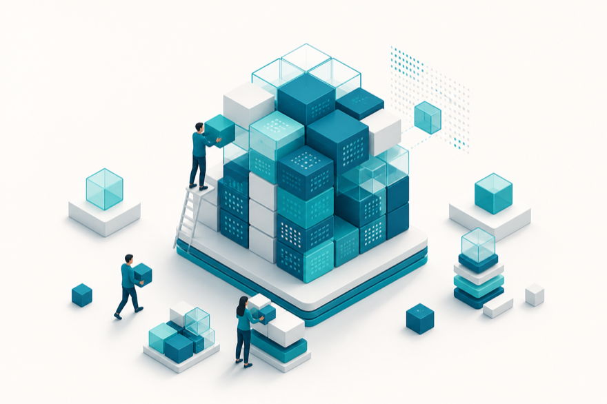 Isometrische illustratie van modulaire Odoo-apps die schaalbaar worden samengesteld