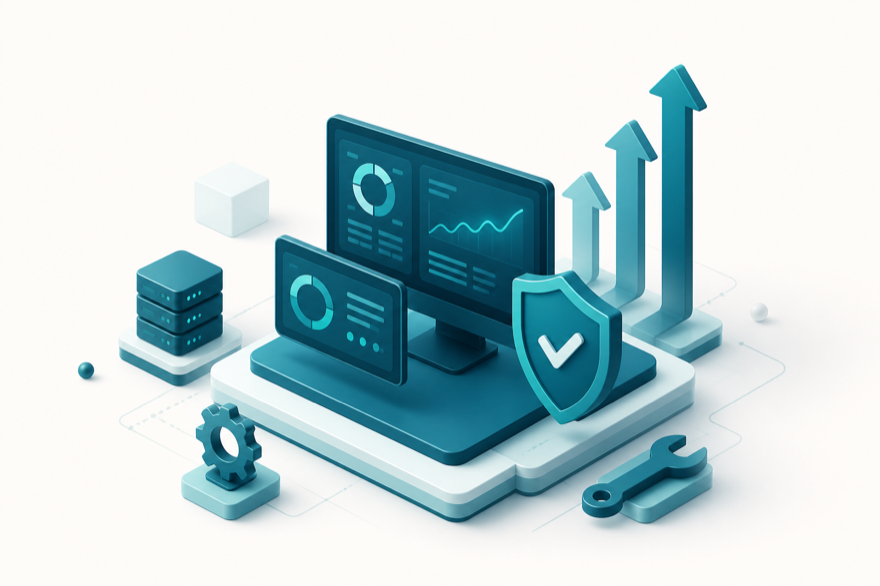 Isometrische illustratie van Odoo-support, monitoring en optimalisatie