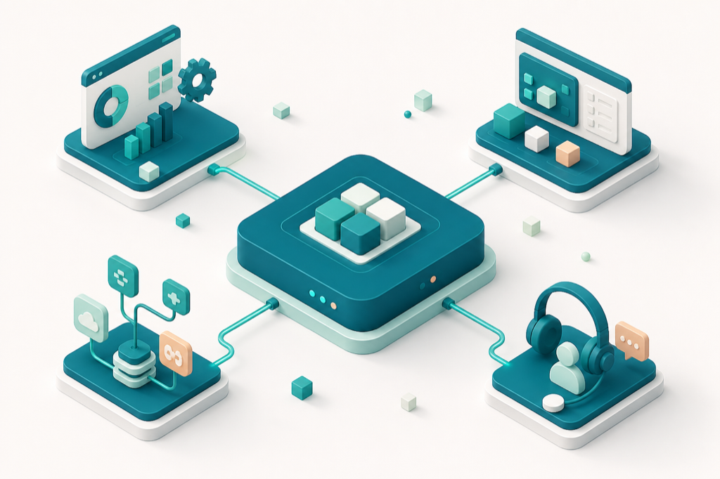 Illustratie van geïntegreerde Odoo-diensten en maatwerkmodules