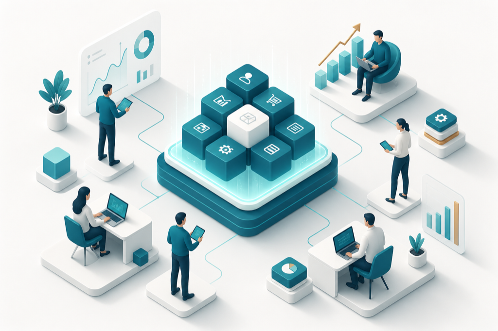 Isometrische illustratie van een Odoo-consultancyteam rond een centraal ERP-platform