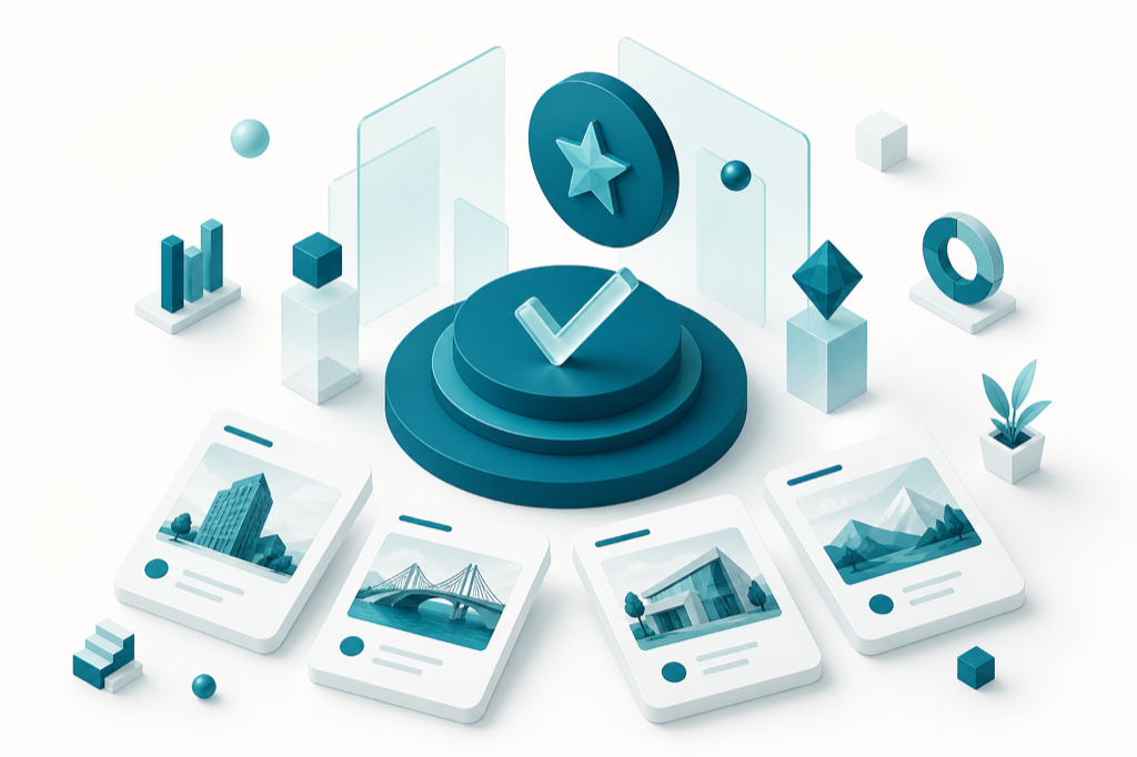 Isometrische illustratie van referenties en succescases rond een centraal platform